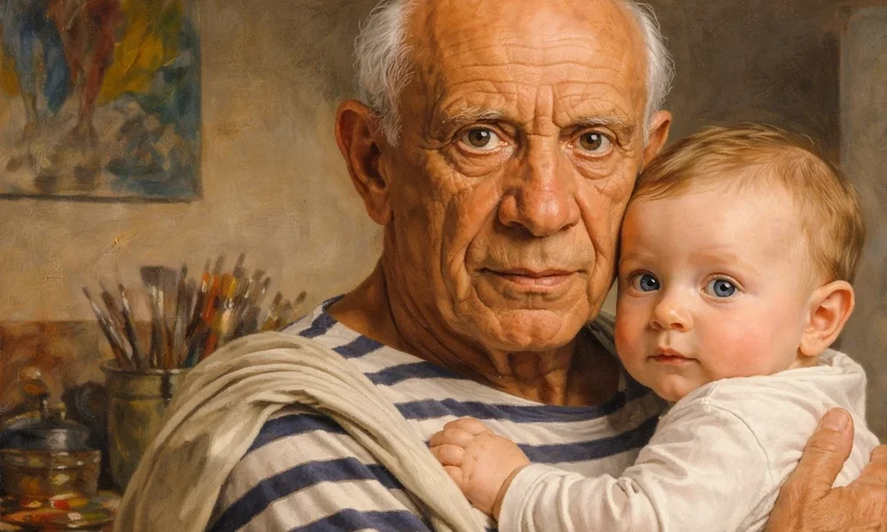 Ritratto ispirato a Pablo Picasso con un bambino, simbolo del legame tra genio artistico e creatività infantile.