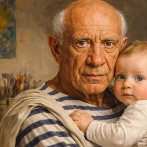 Ritratto ispirato a Pablo Picasso con un bambino, simbolo del legame tra genio artistico e creatività infantile.