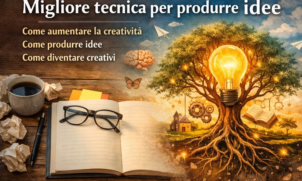 Illustrazione concettuale sulla migliore tecnica per produrre idee, con un quaderno su una scrivania e un albero luminoso a forma di lampadina che rappresenta come aumentare la creatività e come diventare creativi.