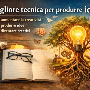 Illustrazione concettuale sulla migliore tecnica per produrre idee, con un quaderno su una scrivania e un albero luminoso a forma di lampadina che rappresenta come aumentare la creatività e come diventare creativi.